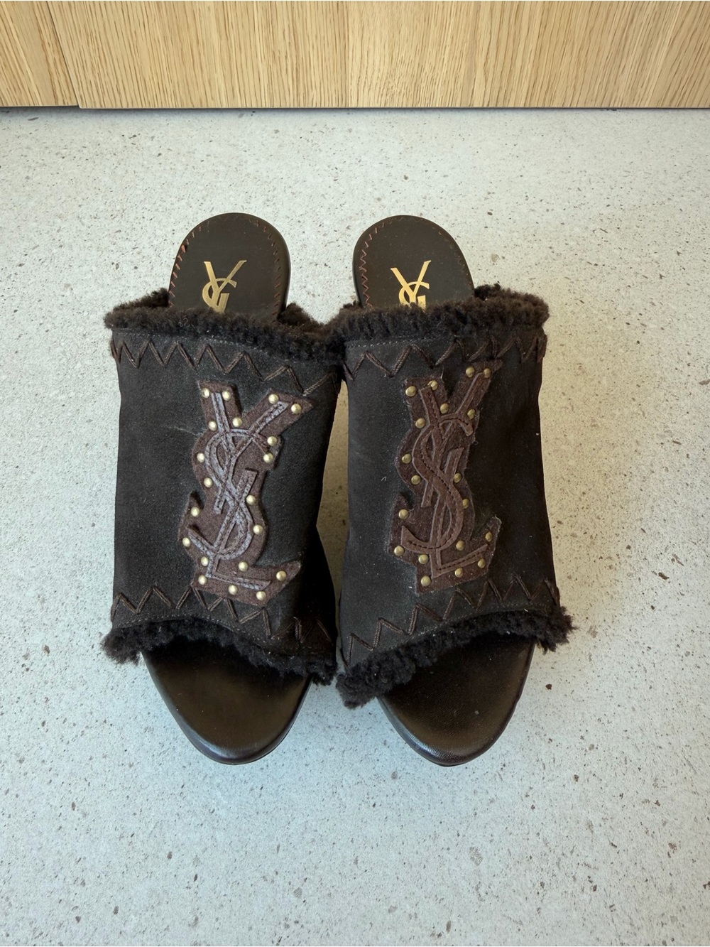 Yves Saint Laurent Black Suede Shearling Mule Slides with Logo Studs